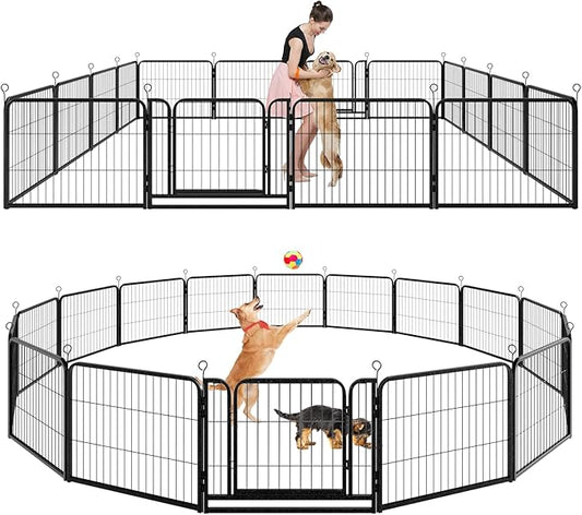 Dog Playpen Outdoor Extra Wide 16 Piece Panels Heavy Duty Dog Fence 24" Height Anti-Rust with Doors Portable for RV Camping Yard, Total 29FT, 68 Sq.ft, Snowy Black-PurrikoPets
