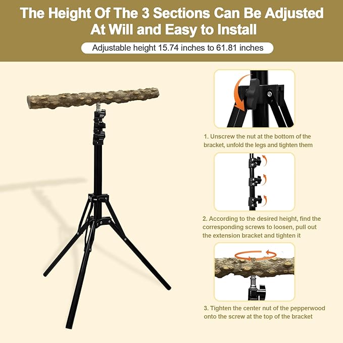 16-63 Inch Height Adjustable Bird Perch Pepper Wood Bird Training Perch Stand Parakeet Perches Indoor and Outdoor Parrot Stands for Small to Medium Bird-PurrikoPets