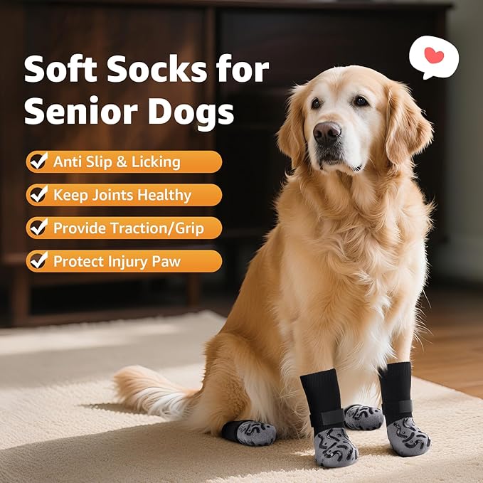 Double Sides Non-Slip Dog Socks to Prevent Licking Paws - Strong Traction for Hardwood Floors, Senior Dogs, Paw Protector, Dog Socks with Grippers Black-PurrikoPets