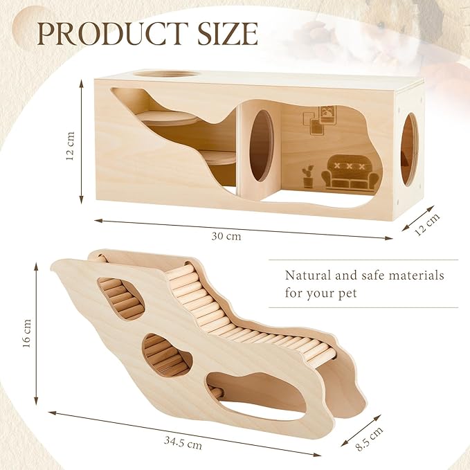 2 Pcs Hamster Houses and Hideouts Hamster Tunnel Set Wood House for Hamster with Climbing Ladder Exploring Tunnel Multi Chamber Maze for Small Animals Pets Gerbils Hedgehogs Rats Mice-PurrikoPets