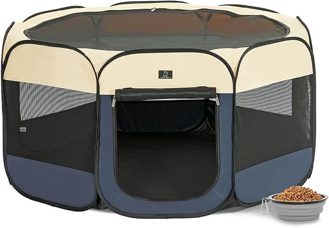 A 4 Pet Portable Dog Playpen, 49” Playpen for Dogs with Bowl, Suitable for Puppies, Kittens, and Small Animals, Removable Zipper & Mesh Panel(19”W × 12”H)-PurrikoPets