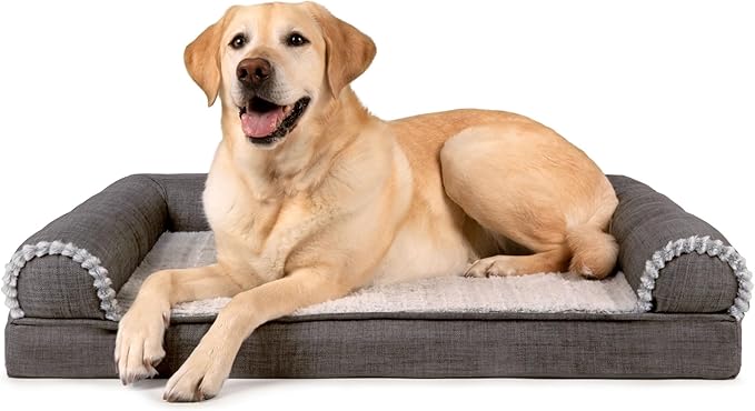 Furhaven Orthopedic Dog Bed for Large/Medium Dogs w/ Removable Bolsters & Washable Cover, For Dogs Up to 55 lbs - Luxe Faux Fur & Performance Linen Sofa - Charcoal, Large-PurrikoPets