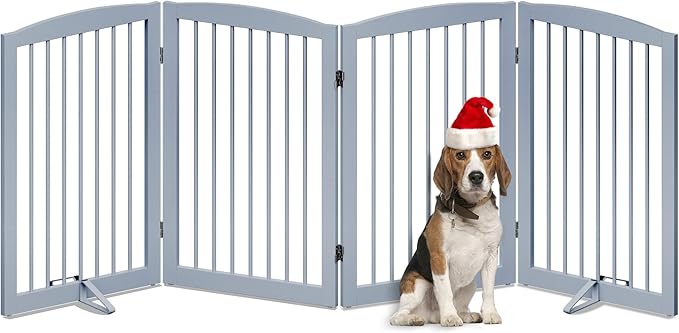 Freestanding Wooden Pet Gate - Foldable Indoor Dog Gate, 80 Inch Wide, 4 Panels, Grey-PurrikoPets