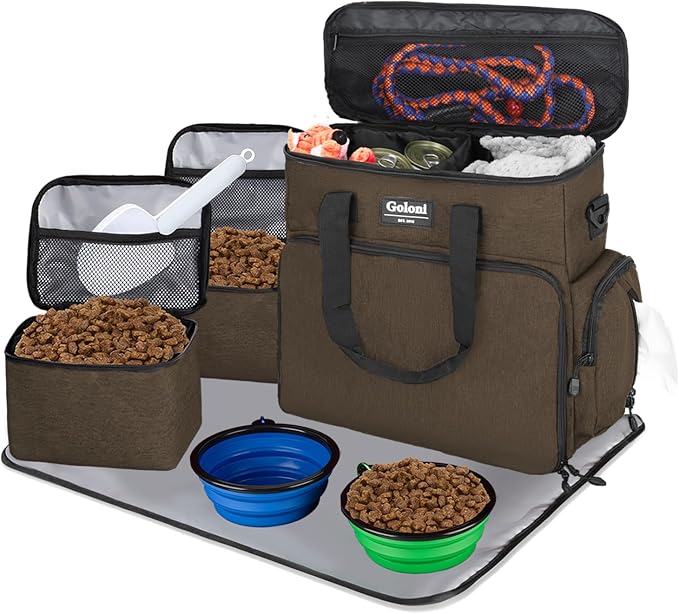 Dog Travel Bag Airline Approved–Pet Travel Tote with Collapsible Bowls,Food Containers & Feeding Mat–Multi-Pocket Organizer for Dogs & Cats, Durable & Water-Resistant for Hiking,Trips,Outdoors-PurrikoPets