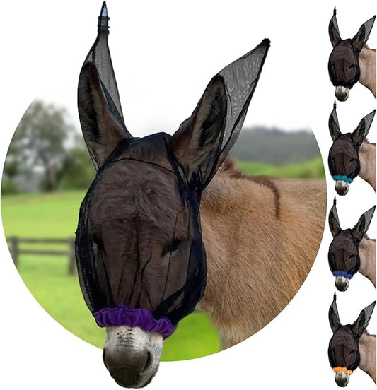 Donkey Fly Mask with Long Ears (Purple) Made in USA - Mule Fly Mask with Ears Protection from Insects and Bugs, Small Donkey Soft Mesh Fabric with Adjustable Fastener, Face Cover Supplies for Donkeys-PurrikoPets