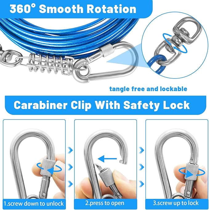 Dog Tie Out Cable - 10/15/20/25/30FT Heavy Duty for Large Dogs Up to 250LBS - Rosy Pink/Blue/Purple/Silver/Red/Green/Yellow-PurrikoPets