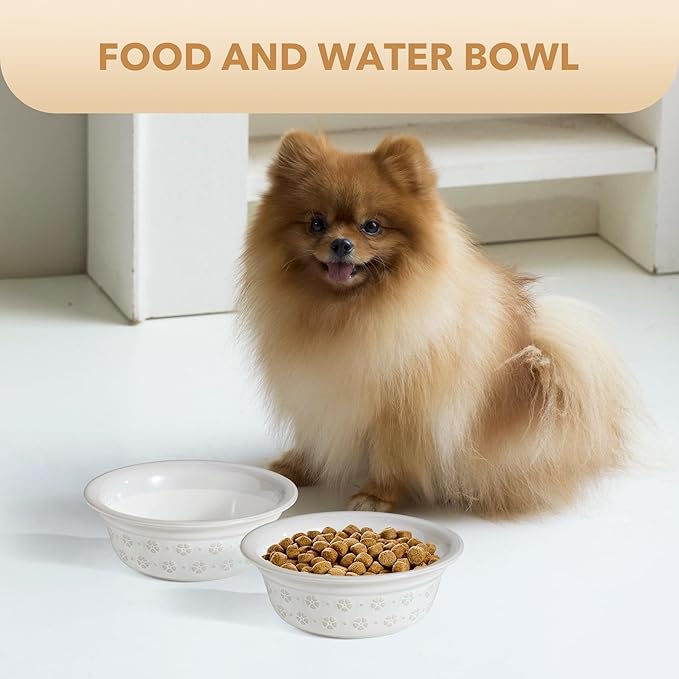 6.3inch Ceramic Set of 2 Dog Bowls, Food and Water Bowls for Small and Medium Dog, 2pcs Basic Dog Bowl, Wide Opening Rounded Edge (2 Bowls, Reactived Glaze -White)-PurrikoPets