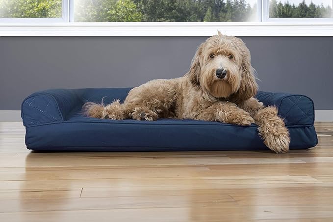 Furhaven Cooling Gel Dog Bed for Large/Medium Dogs w/ Removable Bolsters & Washable Cover, For Dogs Up to 55 lbs - Quilted Sofa - Navy (Blue), Large-PurrikoPets