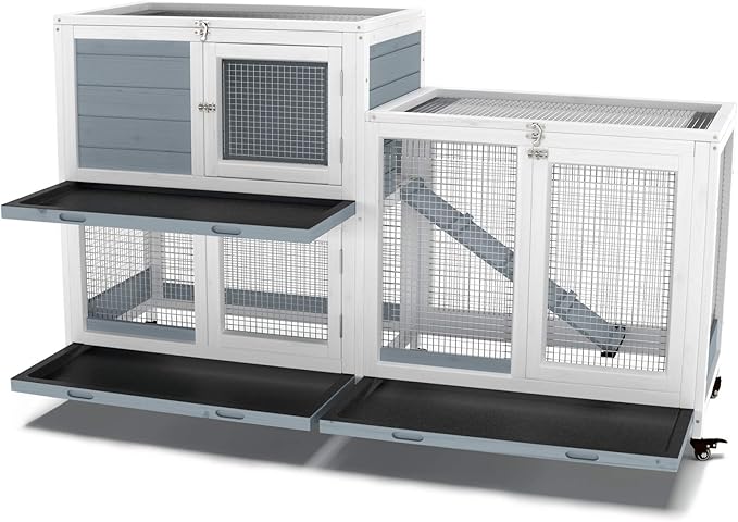 GDLF Two Floors 58" Wooden Indoor Bunny Hutch Rabbit Cage on Wheels Guinea Pig PET House for Small to Medium Animals Waterproof No Leak Tray-PurrikoPets