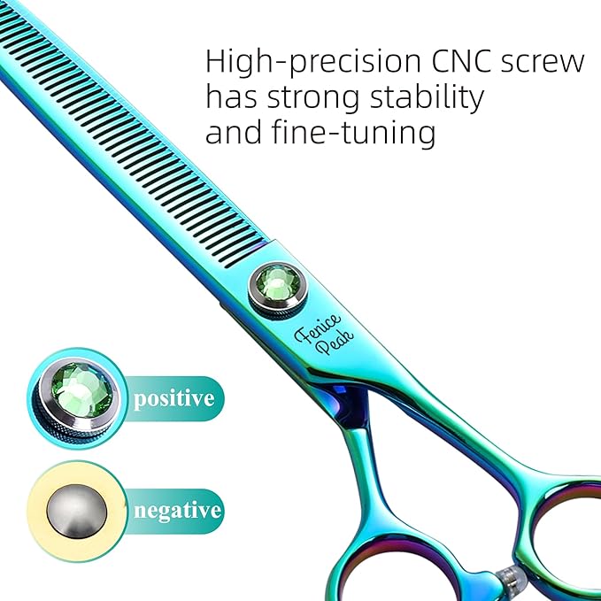 Fenice Peak 7'' Green Thinning Dog Grooming Scissors Pet Shears with Ergonomic Offest Handle and Simulated Emerald Screw 440C Grooming Scissors Trimming Shears Durable and Sharp-PurrikoPets