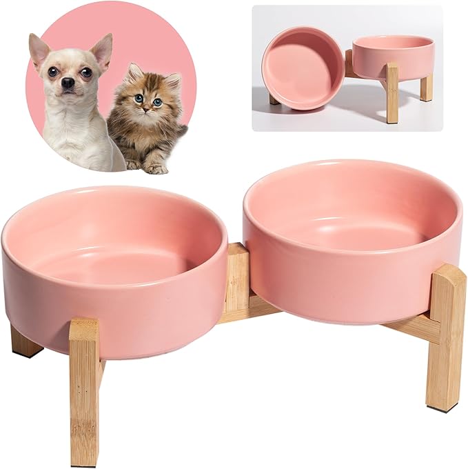 Elevated Ceramic Dog Bowl Set - Raised Feeding Bowls with Non-Slip Bamboo Stand - Small Pet Dishes for Food and Water - Ideal for Cats and Puppies - 16.23 OZ - 2 Cups - 480 ML-PurrikoPets