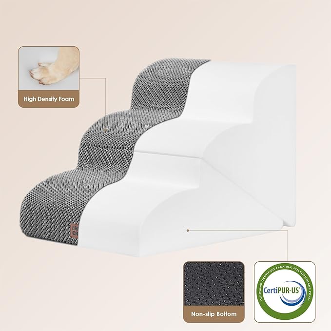EHEYCIGA Curved Foldable Dog Stairs Ramp for Small Dogs 16" H, 3-Step Dog Steps for Couch Sofa and Chair, Pet Stairs for Cats, Non-Slip Balanced Pet Steps Indoor, Grey-PurrikoPets