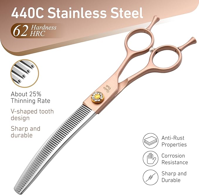 Fenice Peak Professional Curved Thinner Dog Grooming Scissors 7.0'' Rose Gold Thinning Shears Extremely Sharp Blades 440C Stainless Steel Thinning Shears Durable Smooth Fine Cut for Dogs and Cats.-PurrikoPets