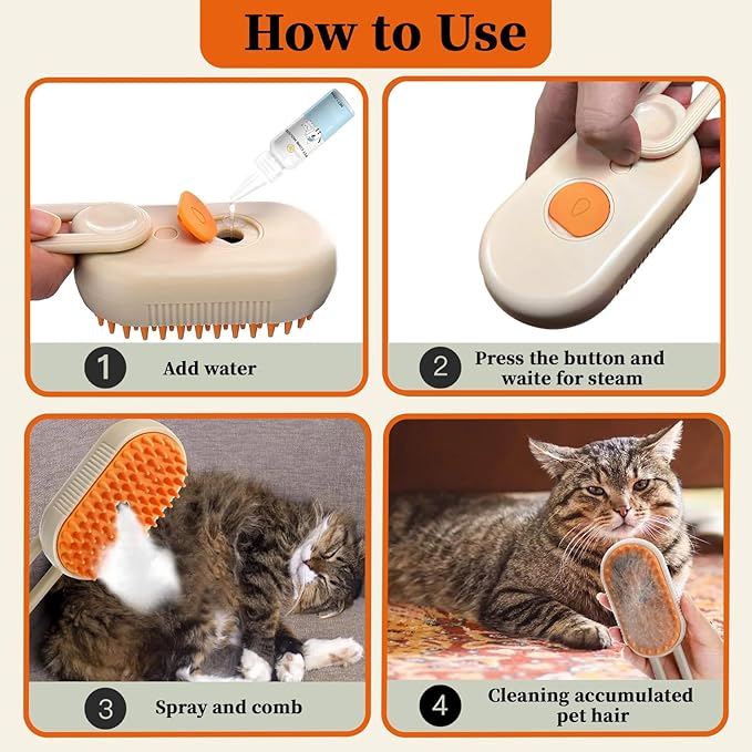 4-in1 Cat Steam Brush for Shedding & Grooming, Spray Hair Removal Comb with 1 Waterless Shampoo, Cat Brush for Massage, Pet Grooming Comb Hair Removal Tool for Cats and Dogs-PurrikoPets