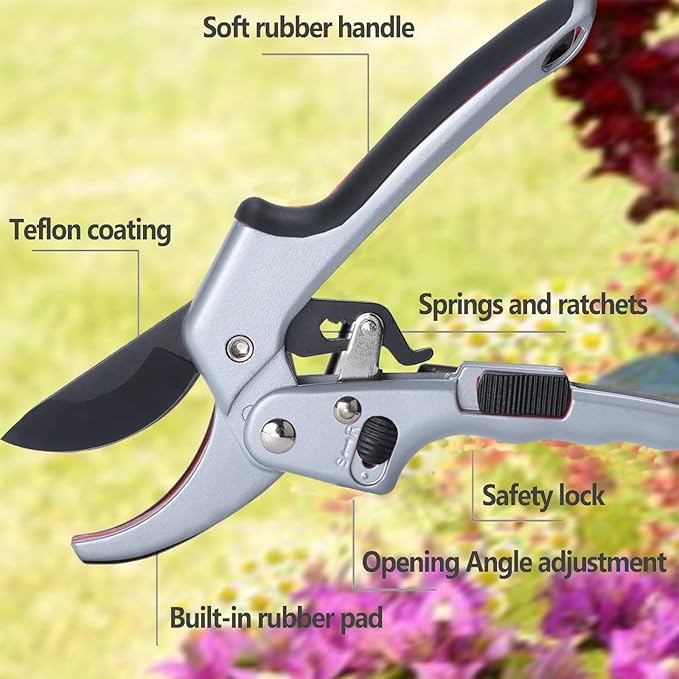 Garden clippers, premium Germany pruners, Work 3 times easier, professional ratchet pruning shears, cutting rose, flower, hedge, stem, tree, Sharp gardening scissors, Arthritis weak hand snips-PurrikoPets