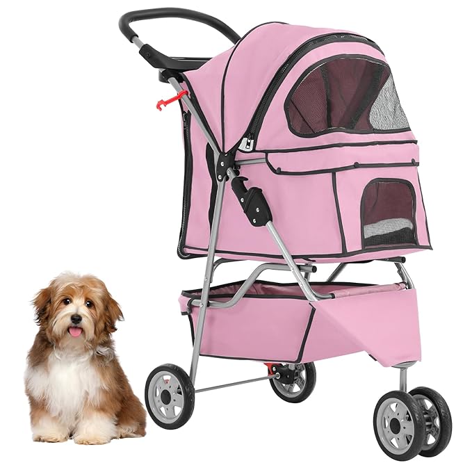 3-Wheels Pet Strolling Cart for Small Medium Dogs and Cats with Storage Basket,Holder, Foldable Pet Stroller with Waterproof Cover, Breathable Mesh for All-Season, Pink-PurrikoPets