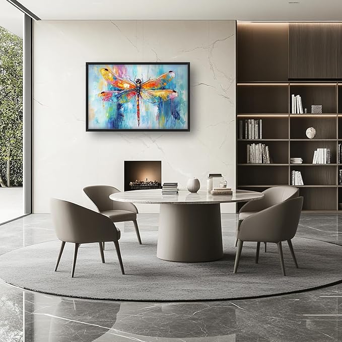 Extra Large Abstract Dragonfly Framed Wall Art for Living Room,Oversized Colorful Dragonfly Pictures Wall Decor,Teal Canvas Print Painting Modern Artwork Bedroom Office Bathroom 36L" x 24W"-PurrikoPets