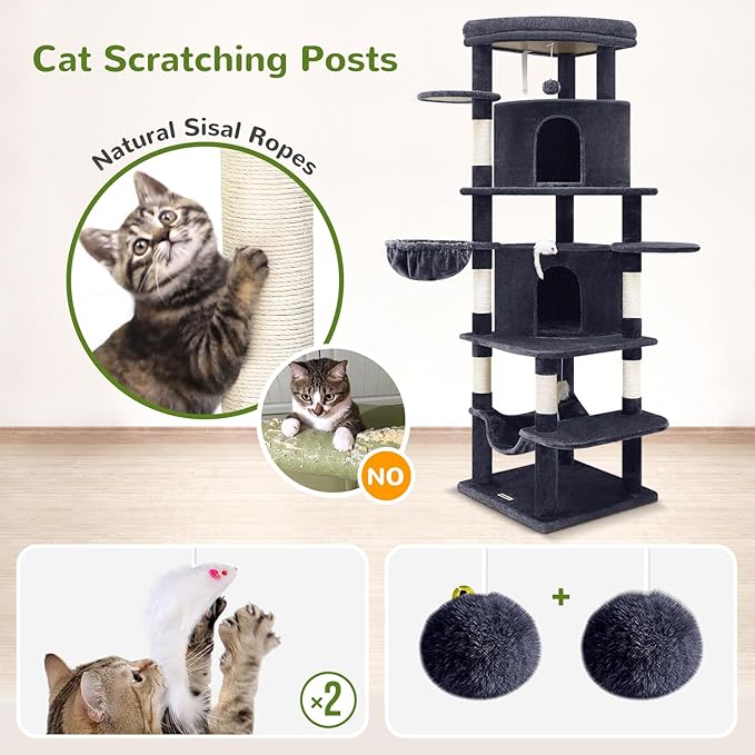 Globlazer Corner Cat Tree for Large Cats, 66inch Tall Curved Series Large Cat Tower for Multiple Indoor Cats with 6 Scratching Posts, 2 Spacious Cat Condos, Hammock, Hanging Basket, C66, Dark Grey-PurrikoPets