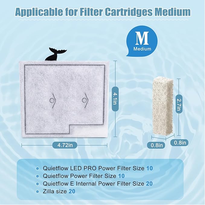 12 Pack Medium Filter Cartridges+ 8 Pack Ammonia Reducer Filter Pads Compatible with Aqueon QuietFlow LED PRO Power Filter Size 10 & E Internal Power Size 20 & Zilla Size 20-PurrikoPets