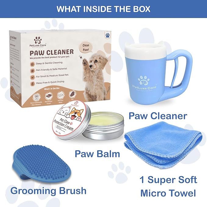 Dog Paw Cleaner for Small & Medium Dogs – Portable Paw Washer Cup with Soft Silicone Brush, Towel & Moisturizing Balm – Gently Cleans Muddy Paws After Walks (Blue, Small)-PurrikoPets
