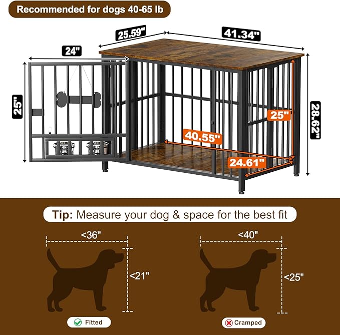 Easycom 41" Dog Crate Furniture Foldable, No Assembly Decorative Dog Kennel Indoor, Dog Crates for Large Dogs (40–65 lbs), Wooden Dog Cage with Adjustable Bowls and Name Tag, End Table, Rustic Brown-PurrikoPets