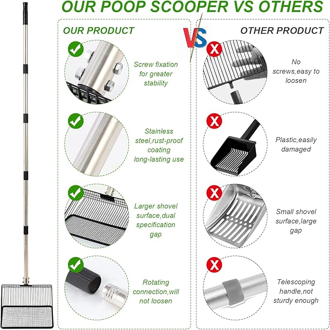 10inch Large Metal Chicken Poop Scooper, 36" to 75" Long Chicken Coop Litter Scoop with Stainless Steel Adjustable Handle, 4 in 1 Detachable Litter Sifting Shovel Scoop for Chicken Coop Accessories-PurrikoPets