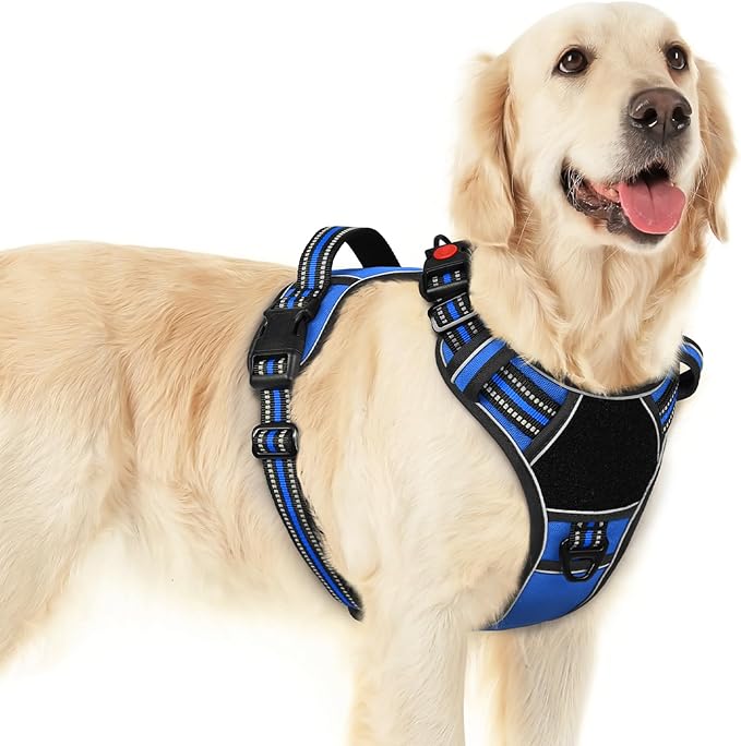 Eagloo Dog Harness for Large Dogs, Easy Wearing with 3 Buckles, Adjustable No Pull Pet Harness with 2 Rings for Walking, No Chock Reflective Soft Padded Vest with Control Handle, Blue & Black, L-PurrikoPets
