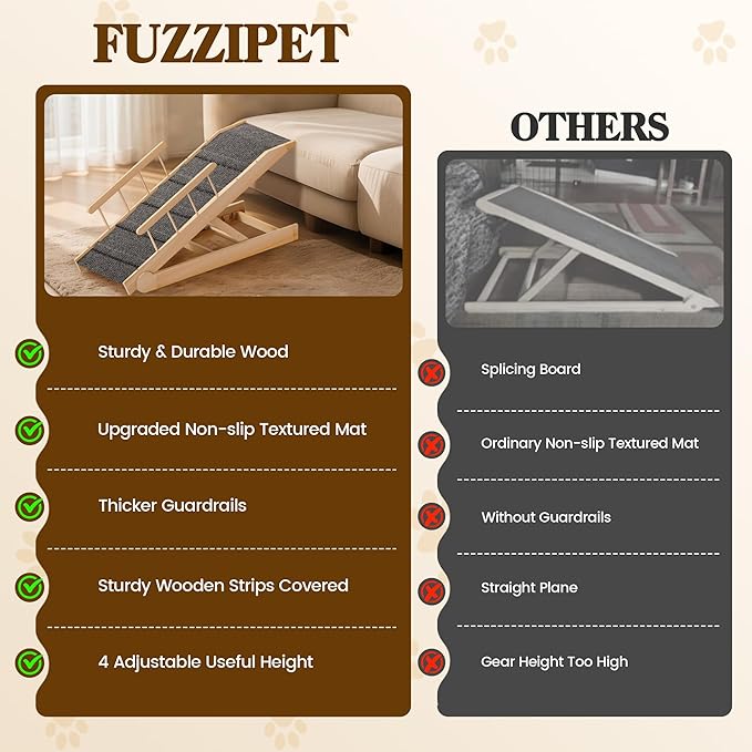 Dog Ramp for Bed, 47" Long Non-Slip Portable Pet Ramp for Small Large Dogs, Wooden Adjustable Dog Ramps for Bed, Couch, Car -Non Slip Carpet Surface and Foot Pads, Height from 12" to 24", Up to 200LBS-PurrikoPets