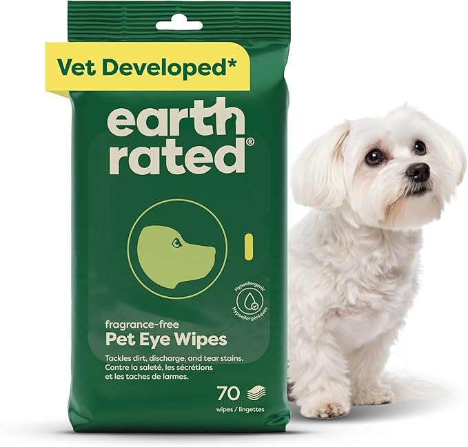 Earth Rated Vet-Developed Pet Eye Wipes, Hypoallergenic Cleaner for Dogs & Cats Eyes to Remove Dirt & Discharge, Fragrance Free, 70 Count-PurrikoPets
