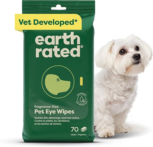 Earth Rated Vet-Developed Pet Eye Wipes, Hypoallergenic Cleaner for Dogs & Cats Eyes to Remove Dirt & Discharge, Fragrance Free, 70 Count-PurrikoPets