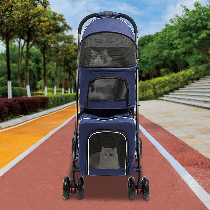 Double Pet Stroller,3.07lbs Dog Cat Carrying Cart,Lightweight Foldable Pet Stroller with 4 Wheels,Blue Portable Compact Pet Travel Cart for Small Dogs and Cats (Blue)-PurrikoPets