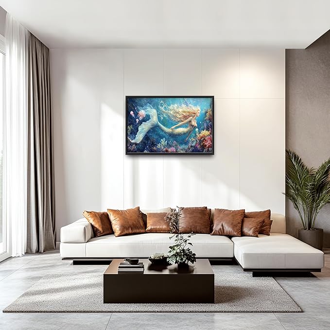 Extra Large Framed Mermaid Wall Art,Oversized Undersea Ocean Wall Decor,Colorful Coral Reefs Pictures for Living Room,Elegant Canvas Print Painting Modern Artwork Bedroom Bathroom 36L x 24W-PurrikoPets