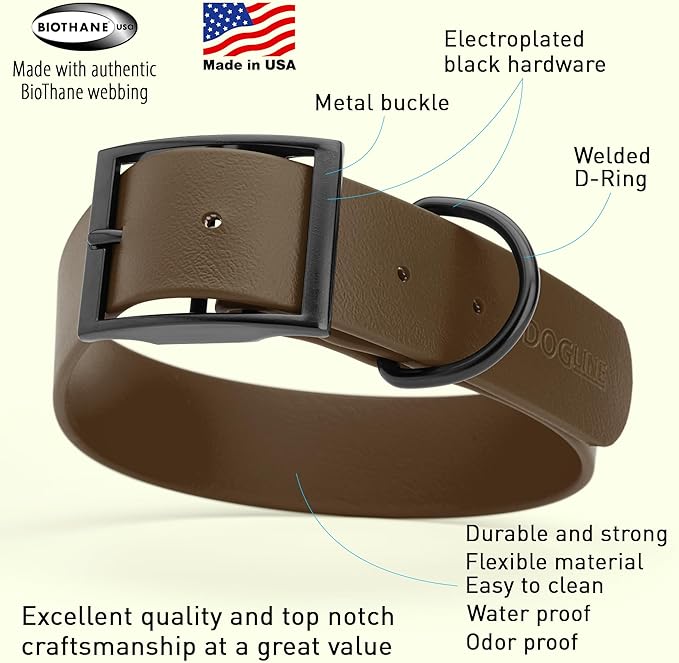 Dogline Biothane Waterproof Dog Collar Strong Coated Nylon Webbing with Black Hardware Odor- Proof for Easy Care Easy to Clean High Performance Fits Small Medium or Large Dogs, Dark Chocolate Brown-PurrikoPets