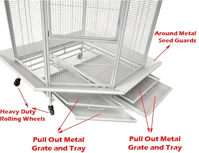 64" Extra Large Corner Bird Flight Breeding Wrought Iron Rolling Parrot Cage Side Solid Metal Plate Feed Doors Pull Out Removable Grate and Tray with Around Metal Seed Guard-PurrikoPets