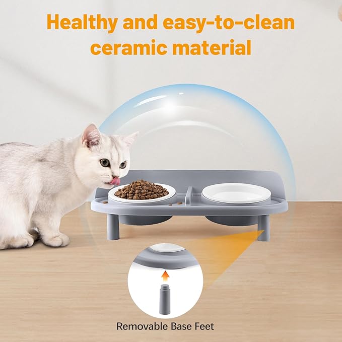 Elevated Cat Bowls, Tilted Rised Cat Food and Water Bowl with 2 Pcs Ceramic Pet Bowls, Rised Stand, Pet Dish Anti Vomiting Feeding Station for All Sized Cats & Small Dogs (Grey)-PurrikoPets