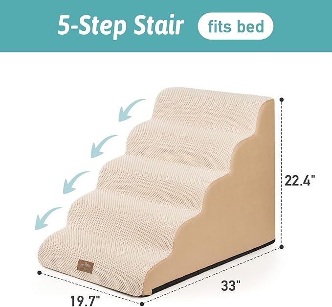Extra Wide Dog Stairs 19.7" Width, Pet Step for Small Medium/Large Dog, Puppy or Cat, Pet Ramp for High Bed or Car, High Density Foam Ladder, Stable, 5 Step, 19.7x33x22.4 in, Beige-PurrikoPets