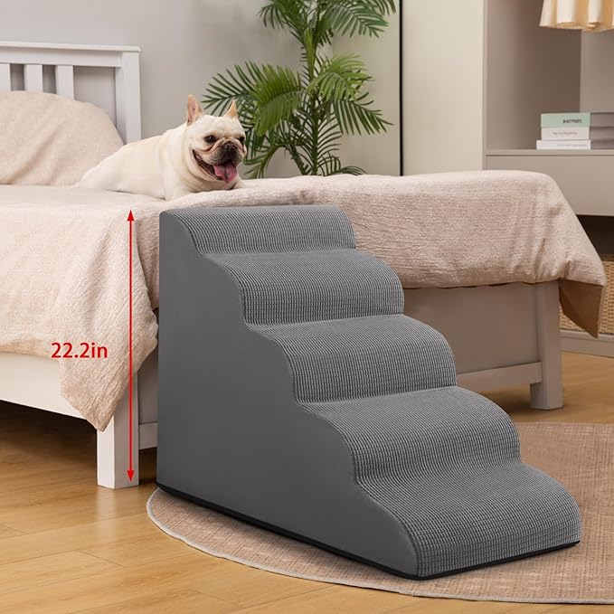 5-Step Dog Stairs and Ramp for High Bed, Non-Slip Sturdy Pet Steps for Small Dogs and Cats,22.2" H,Grey-PurrikoPets