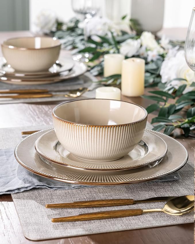 GBHOME Ceramic Dinnerware Sets,12 pcs Embossed Elegant Stoneware Plates and Bowls Sets, Housewarming Wedding Gift | Dishwasher & Microwave Safe | Dishes Set Service for 4-PurrikoPets