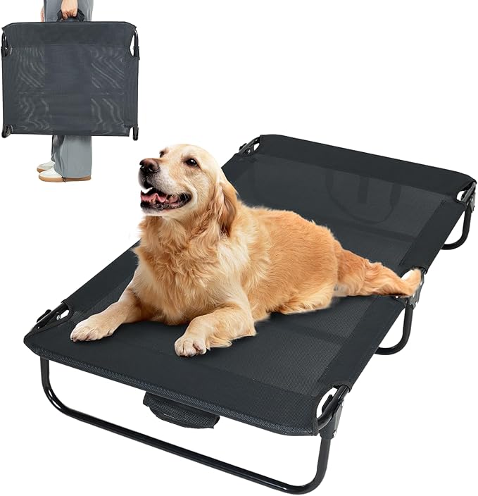 Elevated Dog Bed for Large Pet with No-Slip Feet, Foldable Portable Washable Raised Bed for Indoor&Outdoor Camping Dog Cot, with Cooling Waterproof Breathable Mesh (Large, Black-Textilene)-PurrikoPets