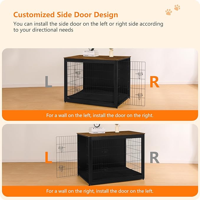 DWANTON Dog Crate Furniture with Cushion, Wooden Kennel Table with Double Doors, Indoor Dog House, Extra Large Size, 43.3" L, Black+Warm Brown-PurrikoPets