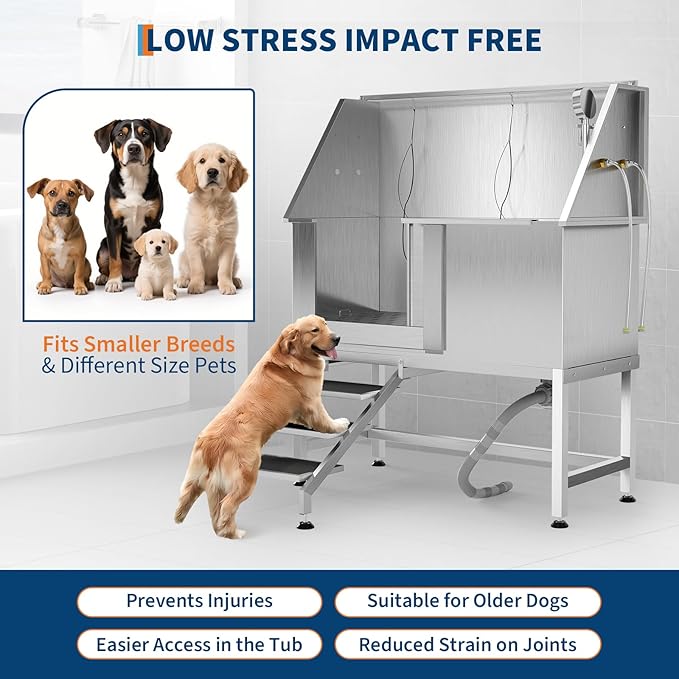 50" Stainless Steel Professional Dog Washing Station - Pet Bathing Tub w/Non-Slip Stairs | Slip-Resistant Floor Grate | for Large/Medium/Small Dogs-PurrikoPets