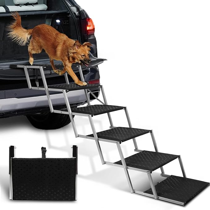 Extra Wide Dog Stairs for Large Dogs,Dog Ramps for Cars,Portable Folding Doggy Stairs for Cars,SUV,Trucks,Pet Ramp with Non-Slip Surface,Pet Steps Supports Up to 250 lb,6 Steps-PurrikoPets