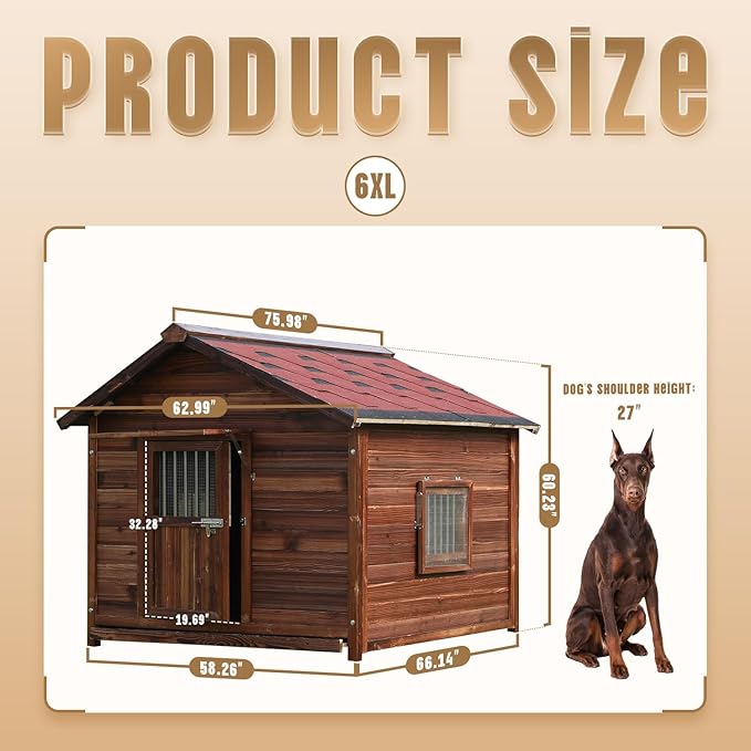 Extra Large Dog House Outdoor Made of Solid Pine Wood, Warm Doghouse, Dog House with Elevated Floor for Large Dogs, (Wood, 6XL)-PurrikoPets