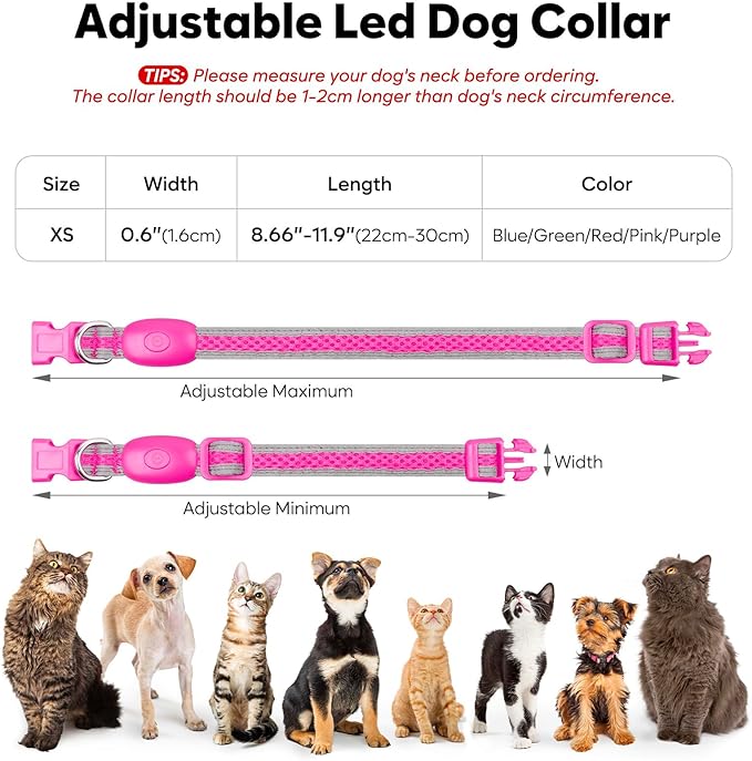 Flashseen LED Cat Collar,Light Up Dog Collar Rechargeable, Dog Lights for Night Walking, Comfortable Soft Mesh Pet Collar Adjustable for Cats Puppy and Small Dogs(Pink, XS)-PurrikoPets