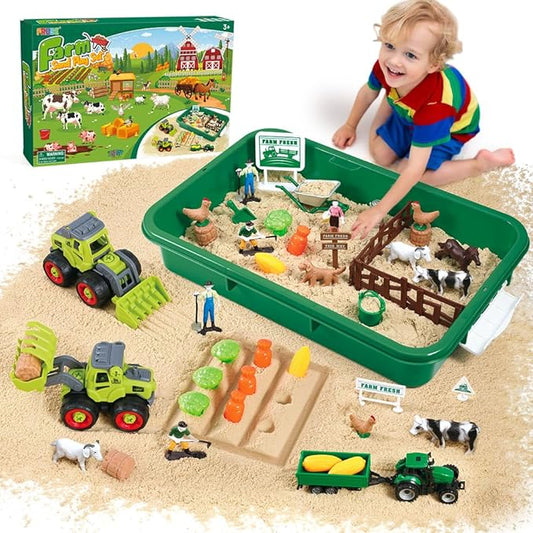 FRUSE Play Sand Farm Toys,Sensory Bins for Toddlers with 2.2lbs Sensory Play Sand,Farm Figures & Tractor Playset,Sandbox Toys for Kids 3 4 5 6 7-PurrikoPets