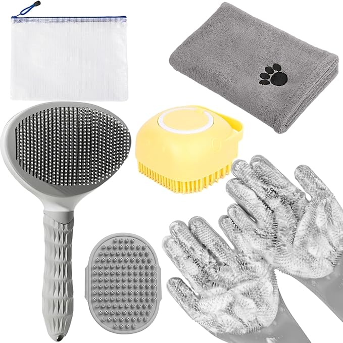 6-in-1 Grey Pet Grooming Kit: Hair Brush, Towel, Washing Gloves, Slicker Brush, and Shampoo Scrubber for Dogs and Cats-PurrikoPets