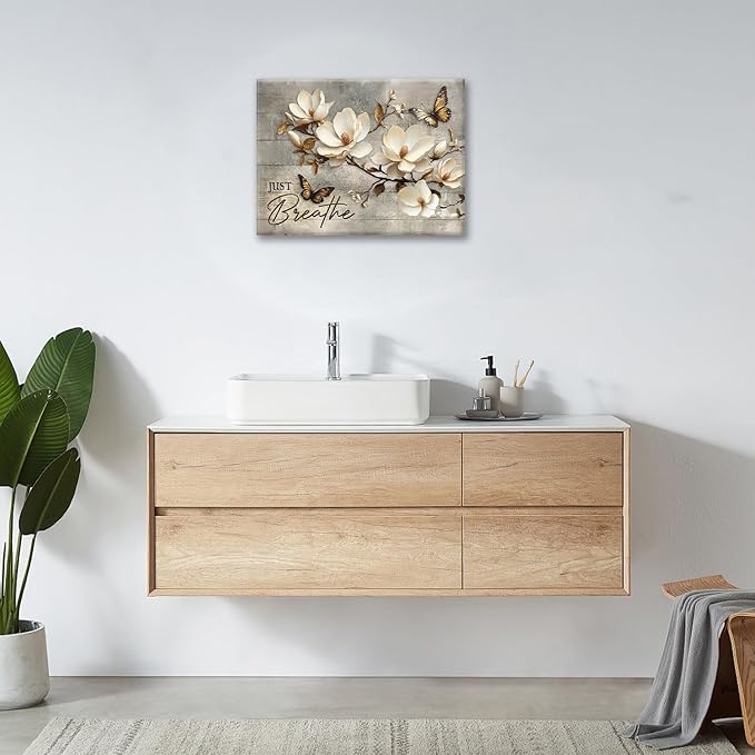 Floral Magnolia Bathroom Pictures Wall Art, Just Breathe Bathroom Wall Decor, Flower Butterfly Framed Painting Canvas Artwork for Bedroom Living Room Decorations 16"L x 12"W-PurrikoPets