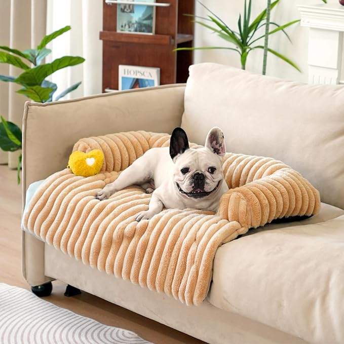 FUNNY FUZZY Pet Couch Cover for Sofa, Calming Dog Bed for Couch, Fluffy Plush Dog Couch Mat for Furniture Protector for Medium Dogs and Cats, 33×28 in, Khaki-PurrikoPets