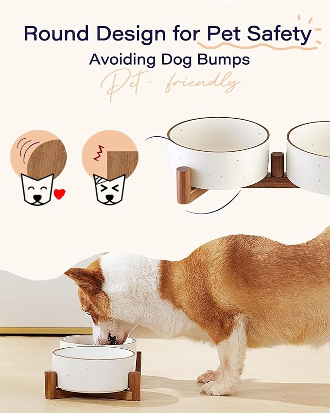 Getstar Ceramic Dog Bowls with Acacia Wood Stand, 30 fl oz, Set of 2, Dog Food Bowl with Colored Rim-PurrikoPets