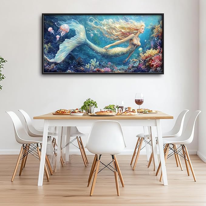 Extra Large Framed Mermaid Wall Art,Oversized Undersea Ocean Wall Decor,Colorful Coral Reefs Pictures for Living Room,Elegant Canvas Print Painting Modern Artwork Bedroom Bathroom 60L x 30W-PurrikoPets